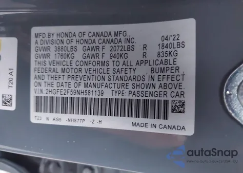 2022 Honda Civic Sport z USA, uszkodzony, nr VIN 2HGFE2F59NH581139